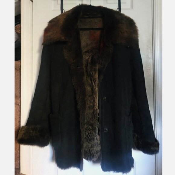 Shearling Sheepskin Wool Fur Coat Jacket Black Women L 40 Overcoat Pea Coat - Picture 7 of 15